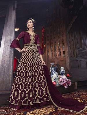 Burgundy Designer Net Anarkali Suit  1