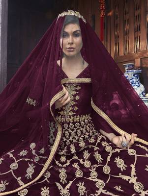 Burgundy Designer Net Anarkali Suit  2
