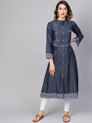 Blue Embroidered A-Line Denim Kurta 