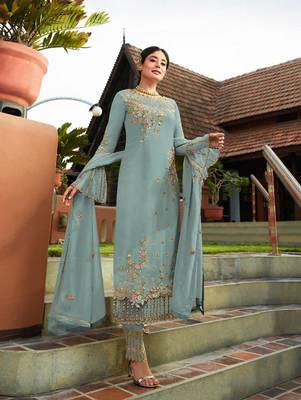 Sky Blue Party Wear Designer Straight Suit  1