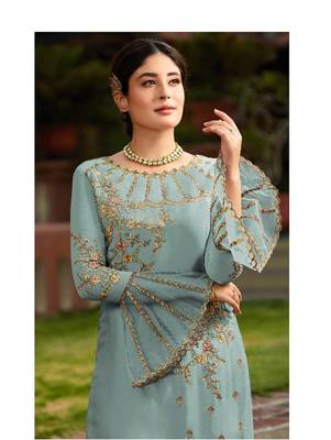 Sky Blue Party Wear Designer Straight Suit  2