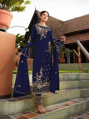 Dark Blue Party Wear Designer Straight Suit  1