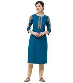 Teal embroidered cotton kurtas-and-kurtis