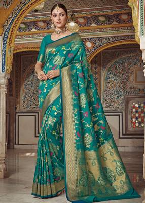 Green woven banarasi silk saree with blouse 1