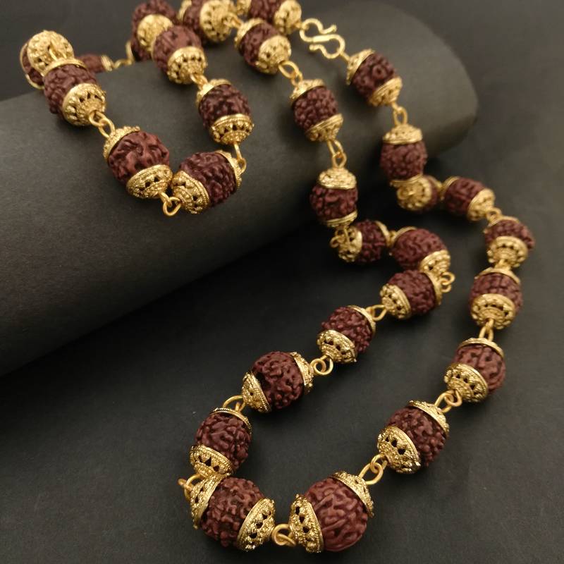 Saizen Rudraksha Jap Mala With Gold Plated Beads Brass Plated Wood