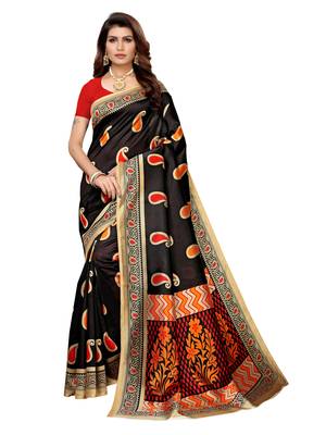 Black Printed Art Silk Sarees With Unstitched Blouse 1