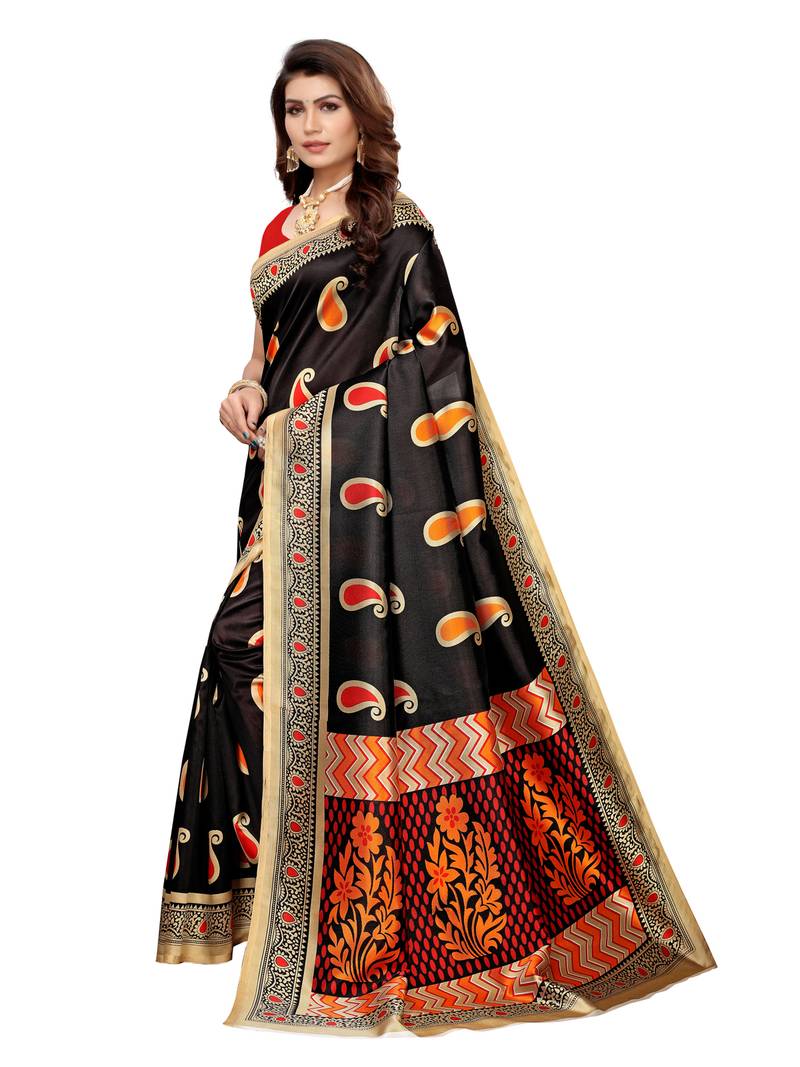 Black Printed Art Silk Sarees With Unstitched Blouse