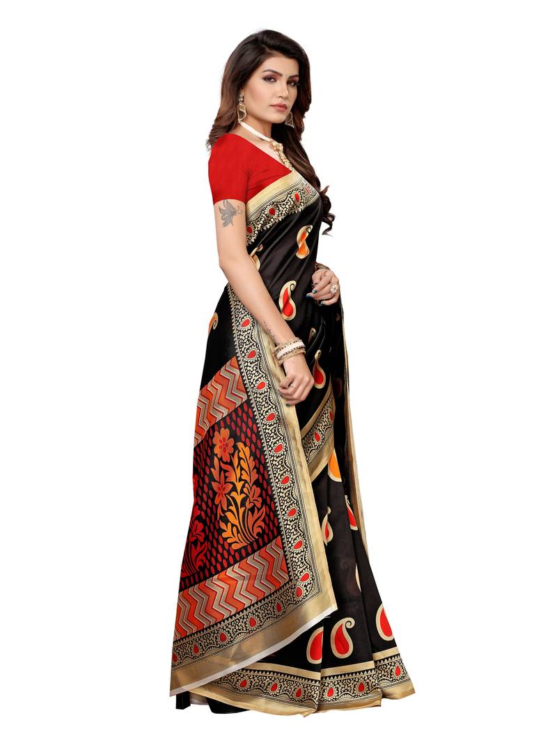 Black Printed Art Silk Sarees With Unstitched Blouse