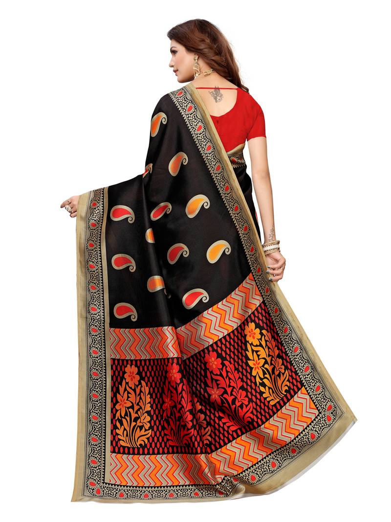 Black Printed Art Silk Sarees With Unstitched Blouse