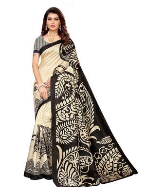Beige Printed Art Silk Sarees With Unstitched Blouse 1