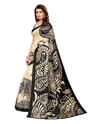 Beige Printed Art Silk Sarees With Unstitched Blouse 2