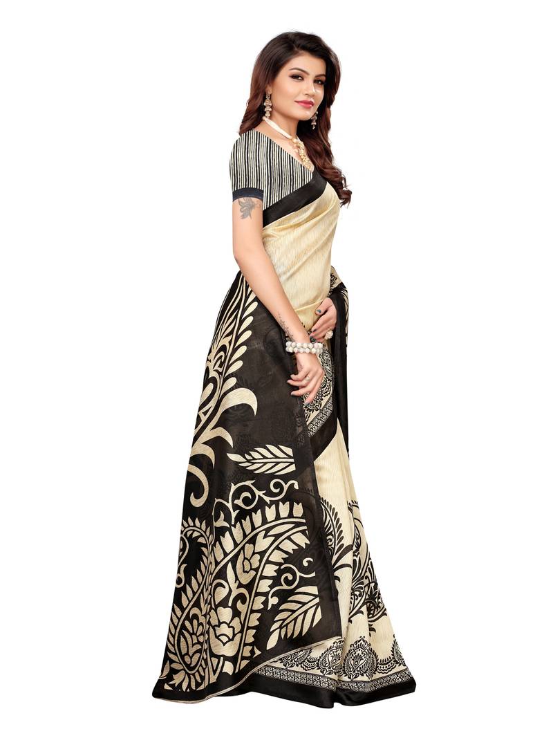 Beige Printed Art Silk Sarees With Unstitched Blouse
