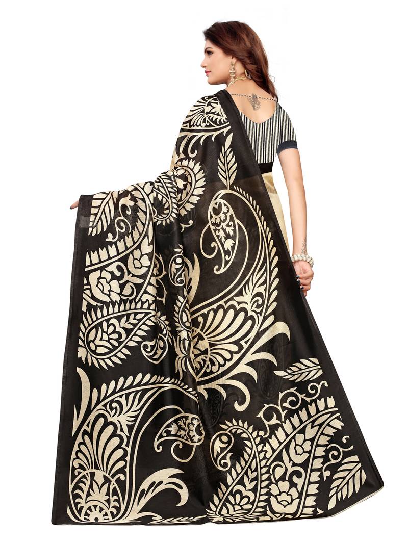 Beige Printed Art Silk Sarees With Unstitched Blouse