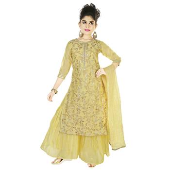 Gold Embroidred Chanderi Sharara Suit Top And Botton With Zari Check Dupatta For Girls Kids 1