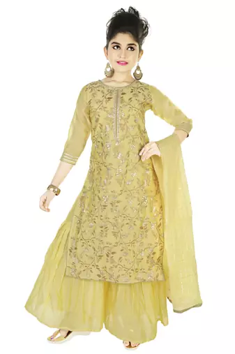 Gold Embroidred Chanderi Sharara Suit Top And Botton With Zari Check Dupatta For Girls Kids