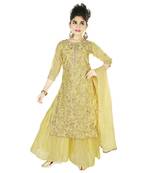 Gold Embroidred Chanderi Sharara Suit Top And Botton With Zari Check Dupatta For Girls Kids