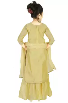Gold Embroidred Chanderi Sharara Suit Top And Botton With Zari Check Dupatta For Girls Kids