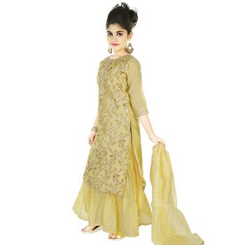 Gold Embroidred Chanderi Sharara Suit Top And Botton With Zari Check Dupatta For Girls Kids 3