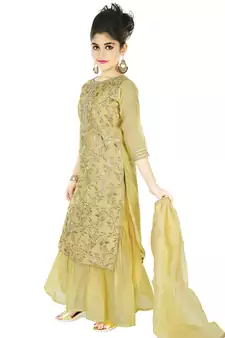 Gold Embroidred Chanderi Sharara Suit Top And Botton With Zari Check Dupatta For Girls Kids