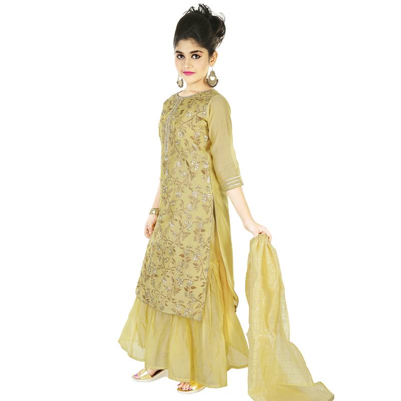 Gold Embroidred Chanderi Sharara Suit Top And Botton With Zari Check Dupatta For Girls Kids