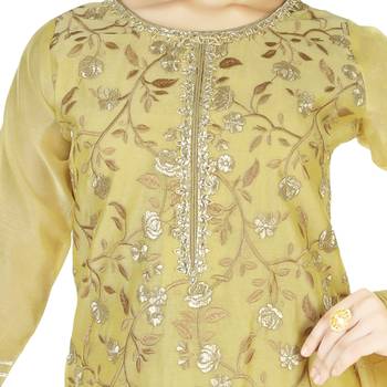 Gold Embroidred Chanderi Sharara Suit Top And Botton With Zari Check Dupatta For Girls Kids 4