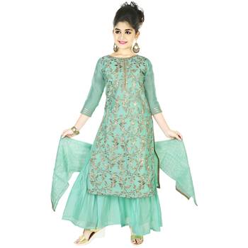 Turqoise Embroidred Chanderi Sharara Suit Top And Botton With Zari Check Dupatta For Girls Kids 1