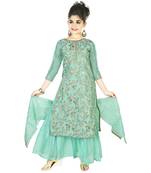 Turqoise Embroidred Chanderi Sharara Suit Top And Botton With Zari Check Dupatta For Girls Kids