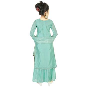 Turqoise Embroidred Chanderi Sharara Suit Top And Botton With Zari Check Dupatta For Girls Kids 2