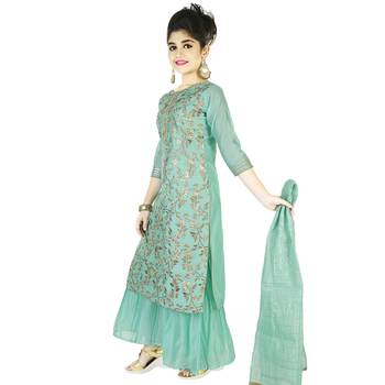 Turqoise Embroidred Chanderi Sharara Suit Top And Botton With Zari Check Dupatta For Girls Kids 3
