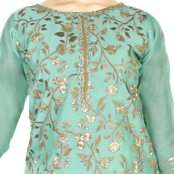 Turqoise Embroidred Chanderi Sharara Suit Top And Botton With Zari Check Dupatta For Girls Kids 4