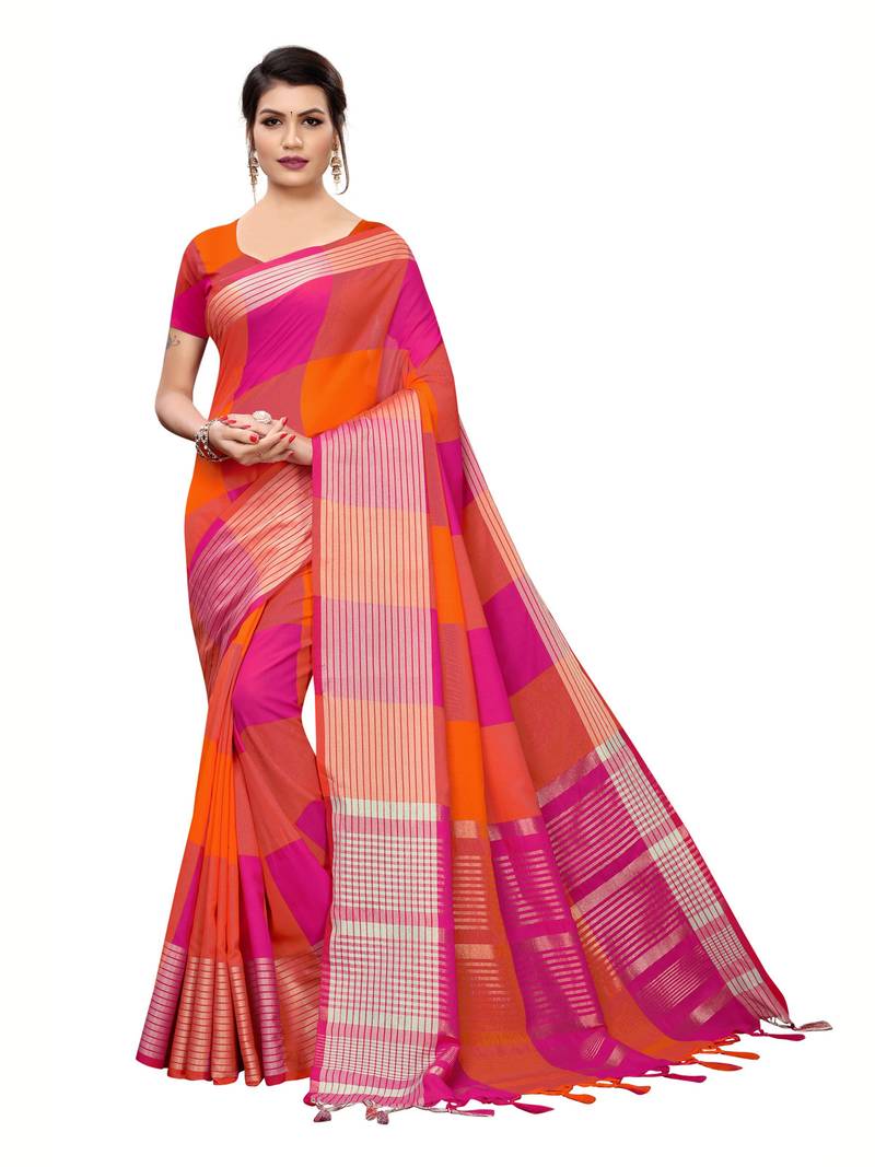 Orange Woven Linen Saree With Unstitched Blouse