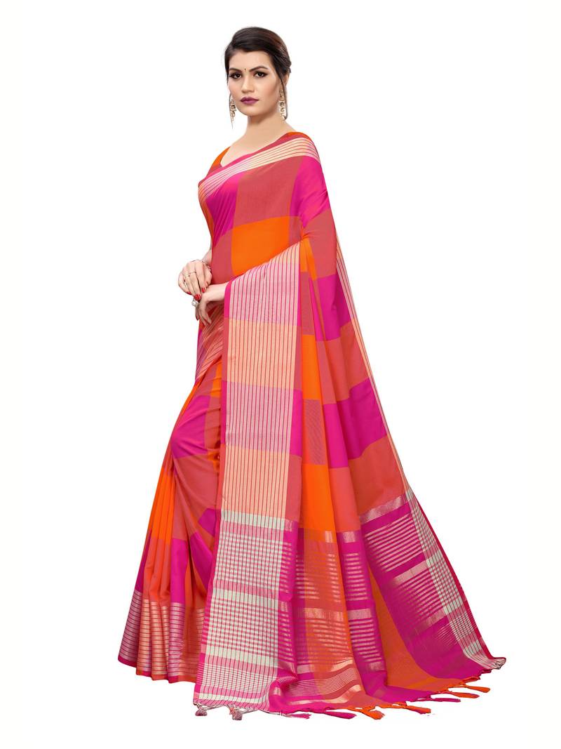 Orange Woven Linen Saree With Unstitched Blouse