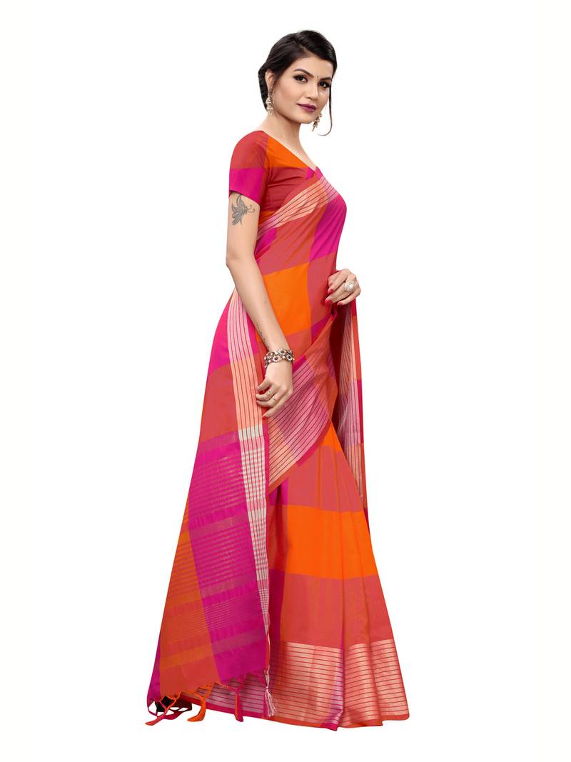 Orange Woven Linen Saree With Unstitched Blouse