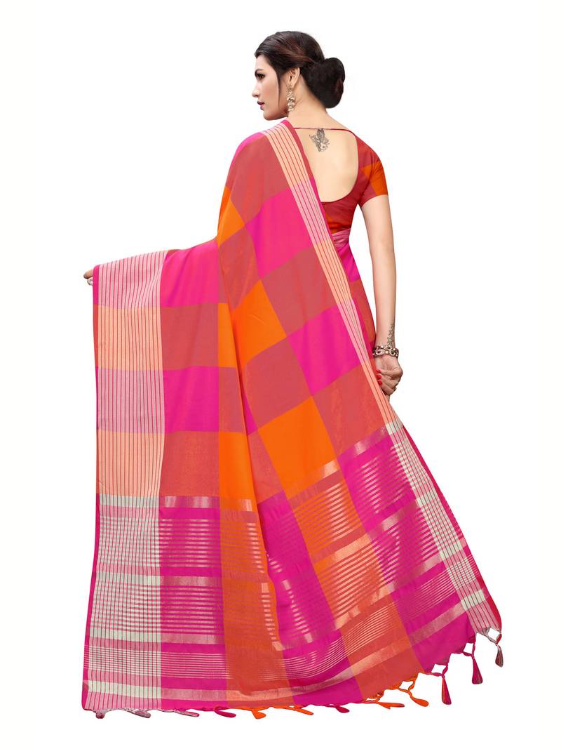 Orange Woven Linen Saree With Unstitched Blouse