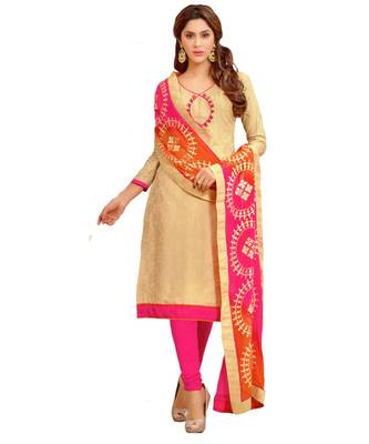 Beige Embroidered Art Silk Unstitched Salwar With Dupatta 1