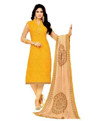 Yellow Embroidered Art Silk Unstitched Salwar With Dupatta 1
