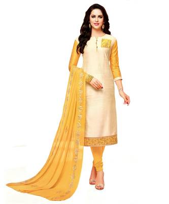 Off White Embroidered Art Silk Unstitched Salwar With Dupatta 1