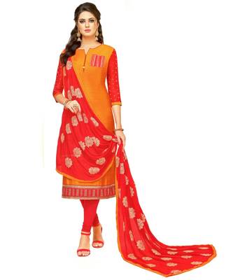Orange Embroidered Art Silk Unstitched Salwar With Dupatta 1