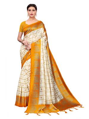 White Printed Art Silk Sarees with Unstitched Blouse 1