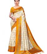 White Printed Art Silk Sarees with Unstitched Blouse