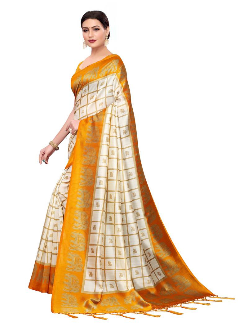 White Printed Art Silk Sarees with Unstitched Blouse