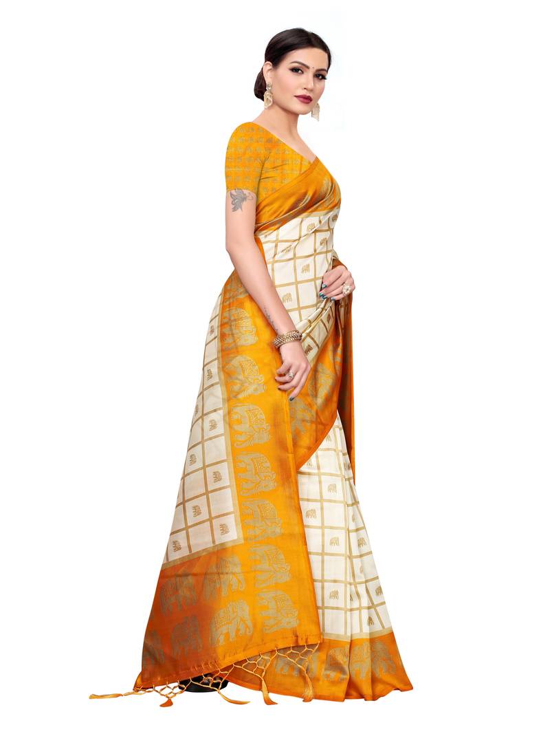 White Printed Art Silk Sarees with Unstitched Blouse