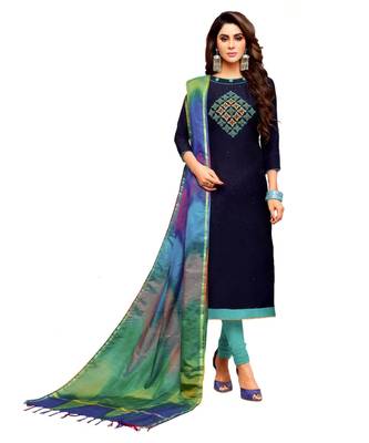 Blue Embroidered Art Silk Unstitched Salwar With Dupatta 1