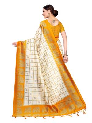 White Printed Art Silk Sarees with Unstitched Blouse 4