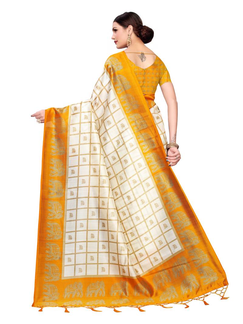 White Printed Art Silk Sarees with Unstitched Blouse