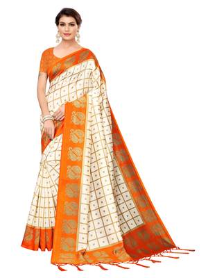 White Printed Art Silk Sarees With Unstitched Blouse 1
