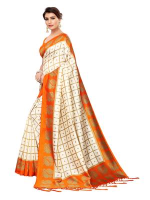 White Printed Art Silk Sarees With Unstitched Blouse 2