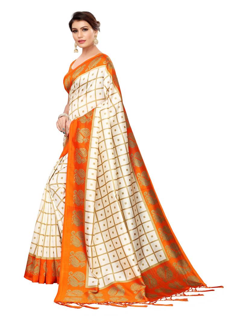 White Printed Art Silk Sarees With Unstitched Blouse
