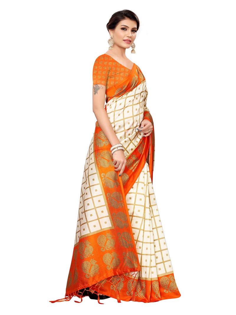 White Printed Art Silk Sarees With Unstitched Blouse