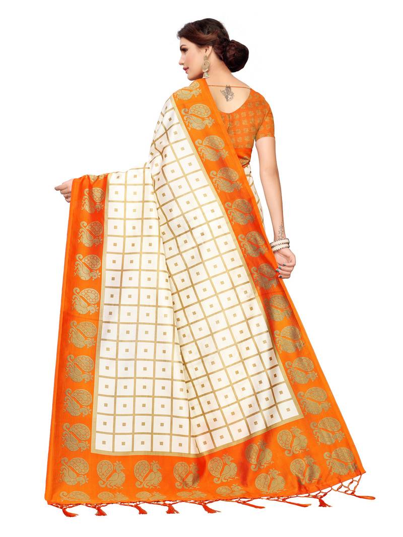 White Printed Art Silk Sarees With Unstitched Blouse